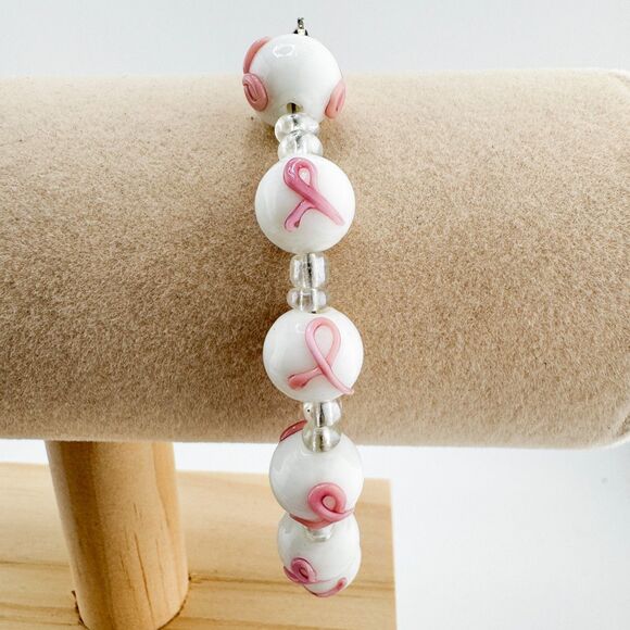 Handmade Glass Bead Bracelet Pink Ribbon Breast Cancer Awareness Retro Art - Picture 3 of 7